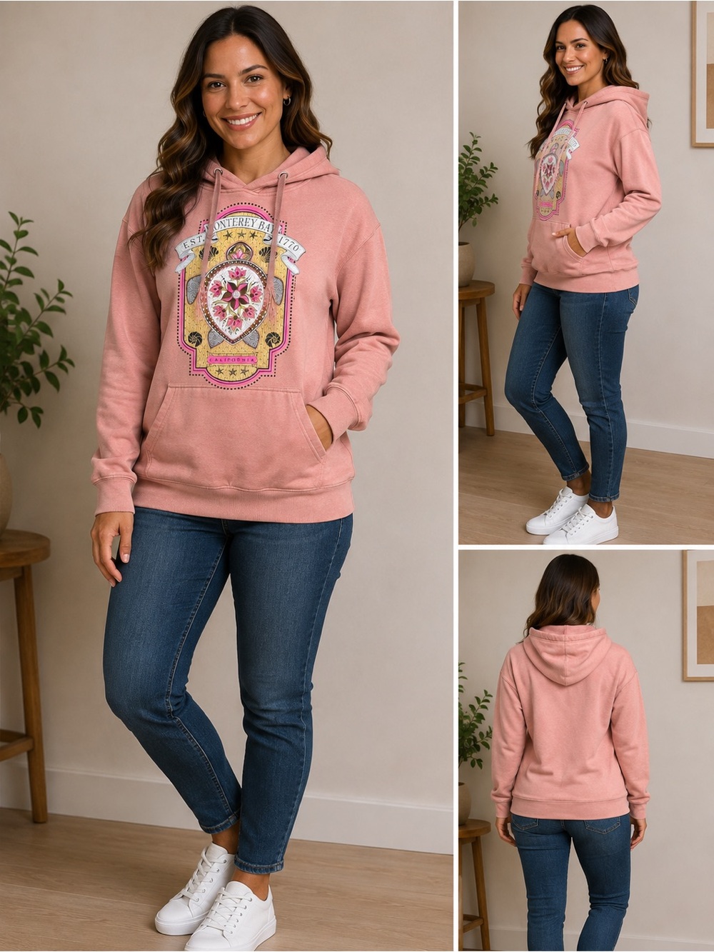 Monterey Bay California Graphic Hoodie Womens Small Pink Sea Turtle